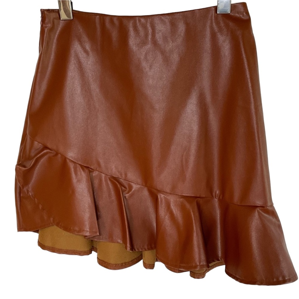 Brown Faux Leather Ruffled Mini Skirt S-M